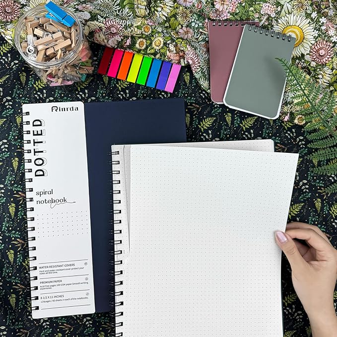 A4 Dotted Journal Spiral Notebook 8.5" x 11"-4 Pack Dot Grid Notebook Hardcover Notebook 120 Pages 100 GSM Thick Dotted Paper Notebook Hardcover Journal for School, Office, Artist (DOTTED, Mult-color)