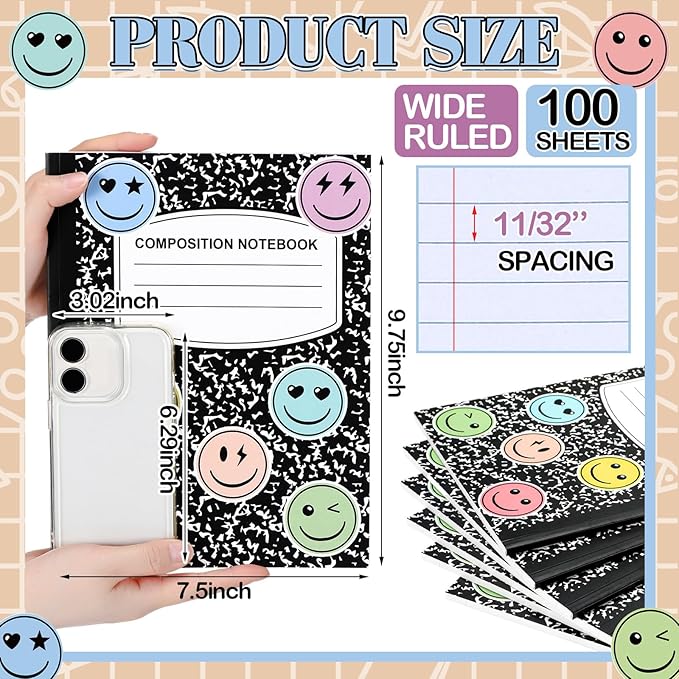 Eaasty Composition Notebook Wide Ruled Paper Assorted Marble Aesthetic Composition Notebook 100 Page 7.5" x 9.75" Journal Gift for Back to School First Day of School Students Teacher (6 Pcs,Smile)