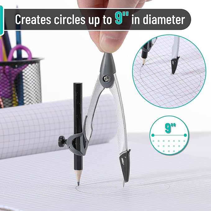 Mr. Pen- Geometry Compass, 4.8", Precision Drafting Compass with Pencil, Draws Circles up to 9", Ideal for Math, Geometry, Students, Architectural Drafting & Classroom Use