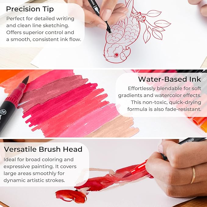 ZSCM Red Duo Tip Marker Pens, 12 Pack Fine & Brush Markers for Adult Coloring Books No Bleeding, Vibrant Red Markers for Holiday Cards, Bold Lettering, Attention-Grabbing Highlights and Logos