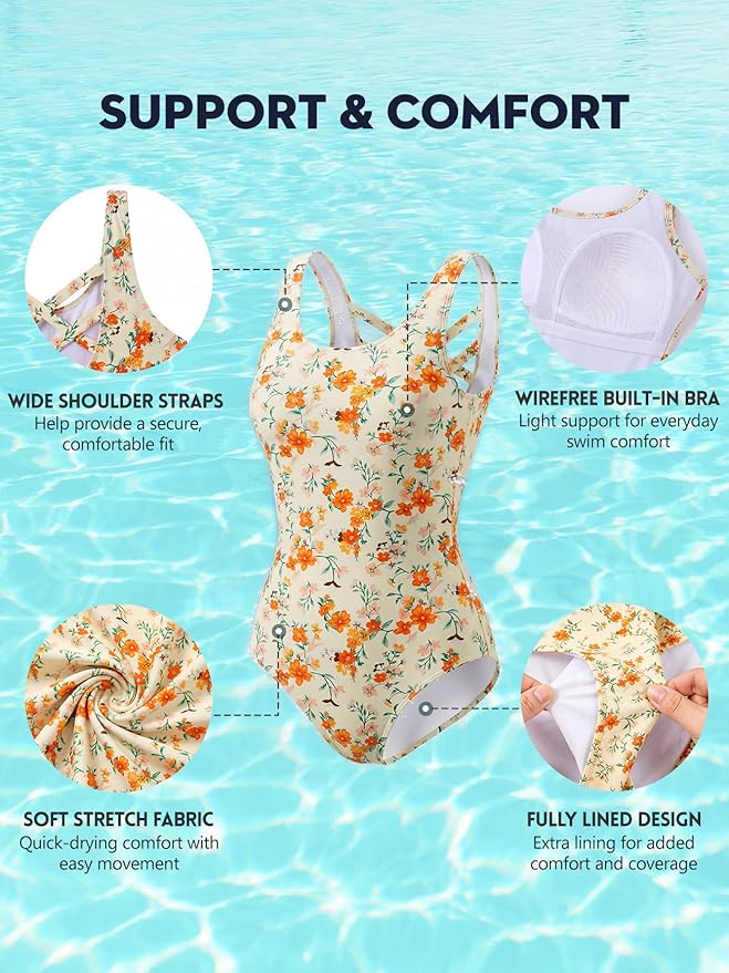 Modest Full Coverage One Piece Swimsuit Floral Bathing Suit Criss Cross Back Swimwear with Built-in Bra
