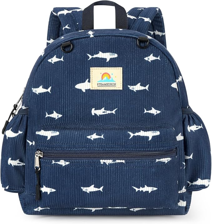STEAMEDBUN Corduroy Toddler Backpack for Girls 2-4: Kids backpack for Boys Girls - 12 inch Preschool Kindergarten Backpacks - Blue Shark