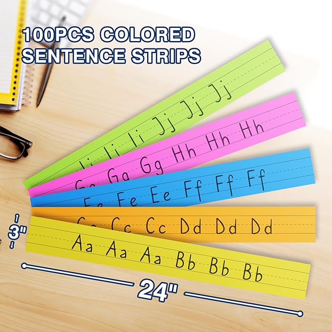 Chell Colored Sentence Strips Cardstock, Pack of 100, 3” x 24” Rainbow Color Word Learning Strips Handwriting Practice Tools for Teachers, Classroom and Office, 5 Colors