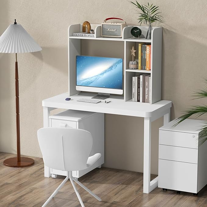 Giantex Desktop Bookshelf, Wood Desk Hutch Organizer for 27 Inch Computer Monitor, Countertop Storage Display Rack with 5 Shelves, Multipurpose Desktop Shelf Bookcase for Dorm Office Home, White