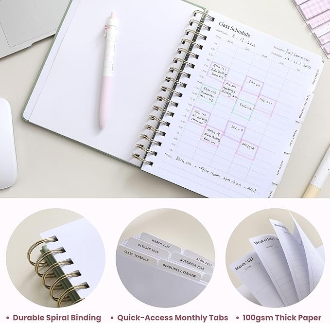 Academic Planner Aug 2026-July 2027, A5 Size, Student Planner with Monthly & Weekly Layout, Spiral Planner with Tabs, Class Schedule, Major Deadlines & Project Planning (Pink)