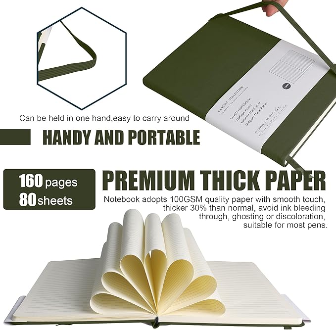 Lined Journal Notebook, 6Pack Hardcover Notebook for Men & Women – Journals for Writing, Work, School, Home & Daily Notes, 160 Pages – Medium A5, 5.7"x8", 100 gsm Thick Paper (Olive Green)