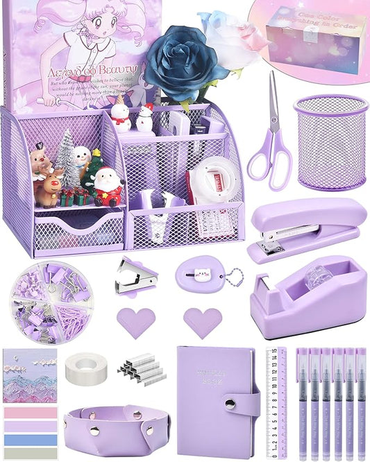 Purple Desk Accessories, 26Pcs Office Supplies and Desk Organizers, with Tape Dispenser, Stapler, Staple Remover Ect, Gift Box Packaging