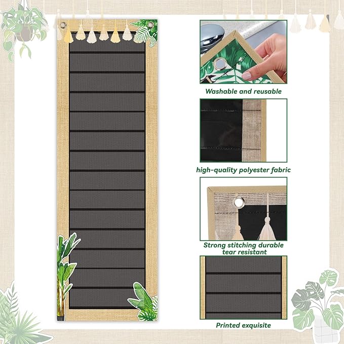 Tevxj Eucalyptus Daily Schedule Pocket Chart for Classroom 39 * 13 inch, Back to School Greenery Teacher Hanging Pocket Chart with 14 Pockets Schedule Pocket Chart School Home Decor Learning Supplies