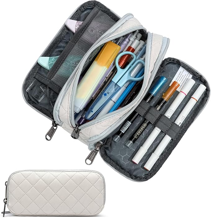Della Gao Large Pencil Case, Big Capacity Pencil Pouch with 3 Compartments | Office Pencil Bag with Zipper, Big Pen Case for Adults (01-3Beige)