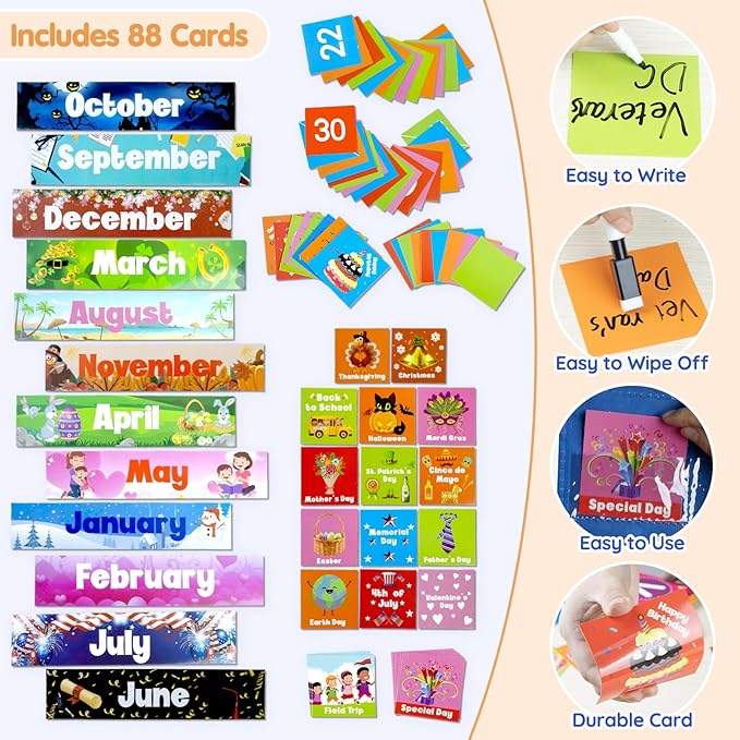 Classroom Calendar Pocket Chart with 88 Cards - Ideal for Homeschool, Classroom & Office, Durable Nylon Wall Hanging Calendar for Early Learning (Blue)