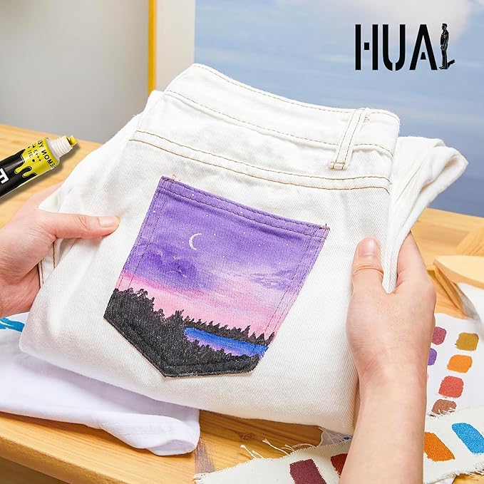 HUAL Fabric Paint Set for Clothes 12 Vibrant Colors Textile Paint with 6 Brushes & Palette Quick-Drying, Non-Toxic Fabric Paint Kit for T-Shirts, Shoes, Canvas, DIY Art & Crafts Premium Gift Box