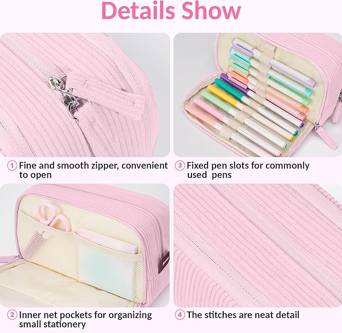 Sooez Big Capacity Pencil Case Pen Pouch, Soft Corduroy Pencil Bag with 3 Compartment, Multiple Pockets, Sturdy Zipper, Cute School Supplies Pen Bag Organizer For Teen Girls College, Pink
