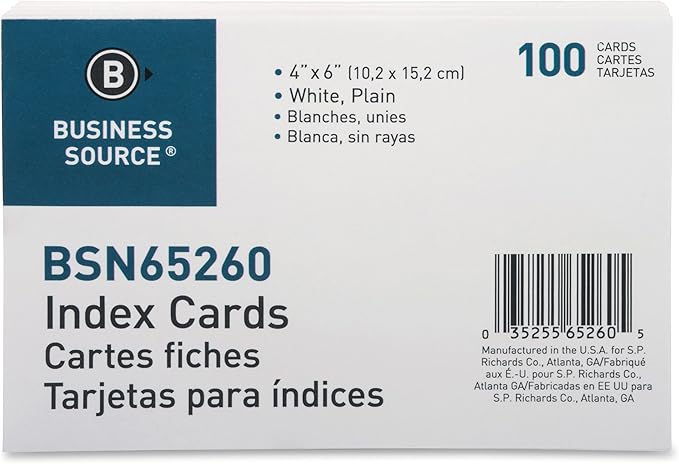 Business Source, BSN65260, Plain Index Cards, 100 / Pack