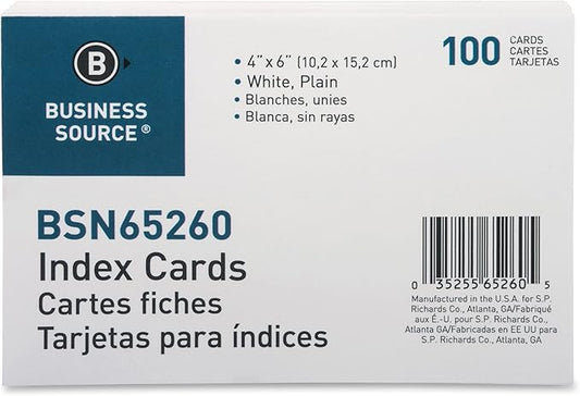 Business Source, BSN65260, Plain Index Cards, 100 / Pack