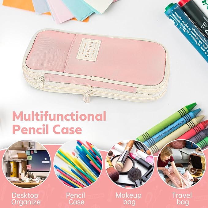 PUPTILY Pencil Case, Large Capacity Aesthetic Pencil Cases with Durable Zipper, Big Stationery Pencil Pouch for Women & Men, Adults Portable Storage Organizer Bag for College, office, Travel (Pink)