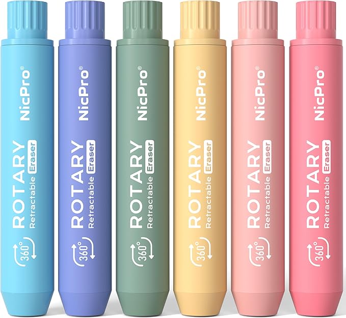 Nicpro 6 Pack Rotary Retractable Erasers, Soft TPE Twist Eraser-Rainbow