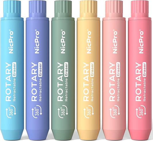 Nicpro 6 Pack Rotary Retractable Erasers, Soft TPE Twist Eraser-Rainbow