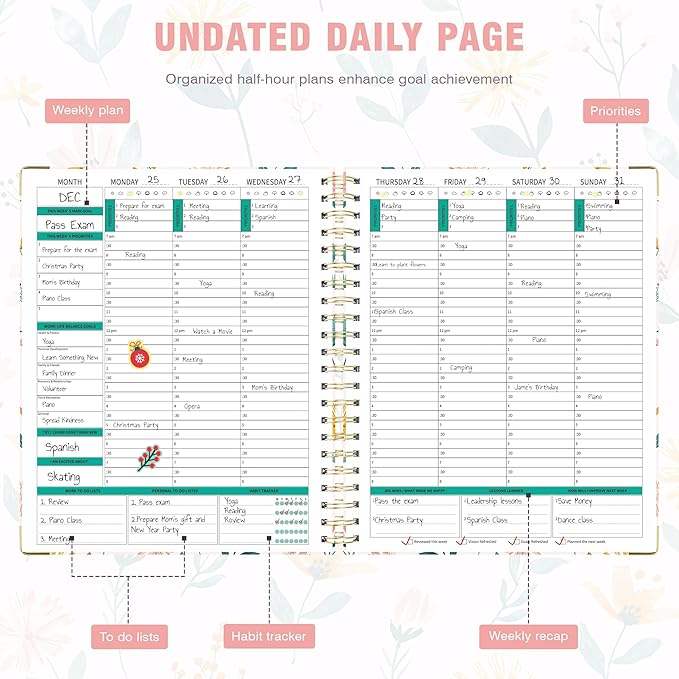 Ospelelf Undated Spiral Bound Planner 2026 Daily, Weekly and Monthly Planners, Pink Teacher Planner 12 Month 8.5 x 11