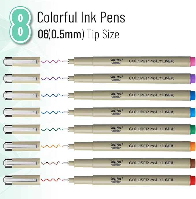 Mr. Pen- 0.5mm Micro Fine Point Pens, 8 Pack, Colorful Ink, Waterproof, Acid-Free, No-Smear Quick-Dry Fineliner Pens for Drawing, Sketching, Bible Journaling, Outlines & Everyday Writing