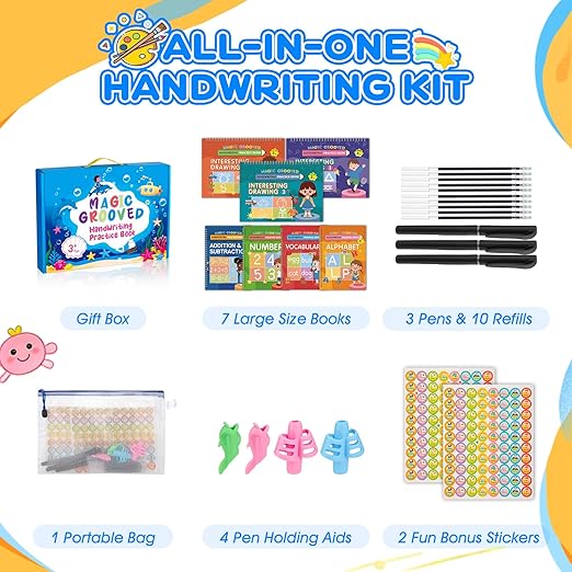 Magic Grooved Handwriting Practice Kindergarten Workbooks for Kids Ages 3-5, Reusable Busy Book, Motor Magic Happy Writer System Toddler Learning Activities Writing Books with Pencil Grips