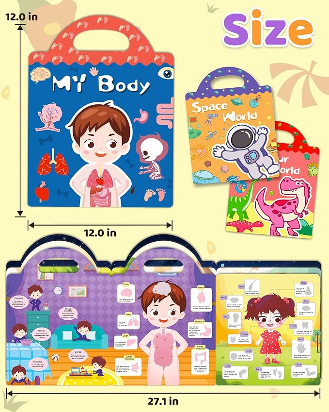 Benresive Reusable Sticker Book for Toddlers, Stickers for Kids, Travel Toys for Arts & Crafts Activities, Birthday Gift for Boys & Girls, Dinosaurs, Space and Body Themes
