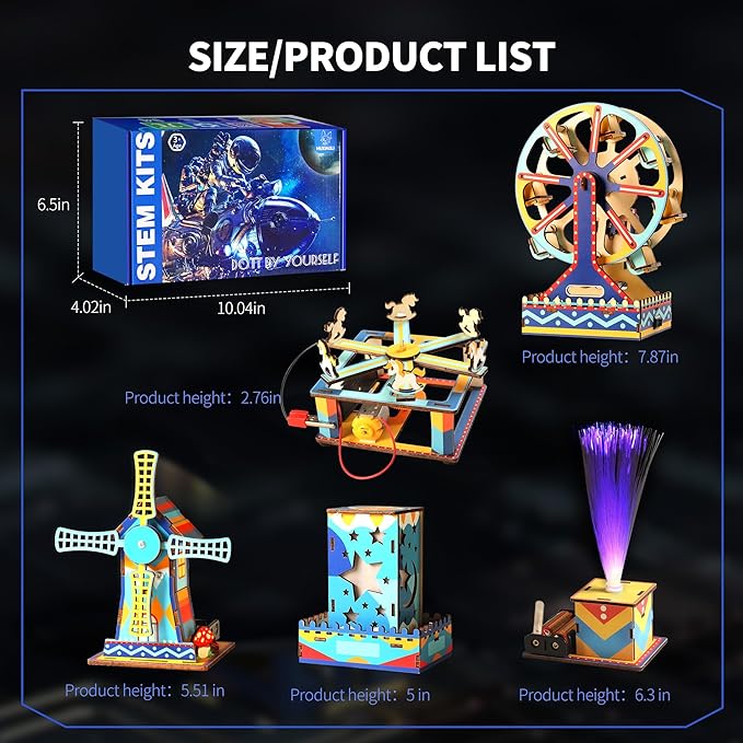 5-in-1 STEM Kits for Kids 6-12, Colorful UV Printed Wooden Building Toys with Motorized Ferris Wheel & Night Light, DIY Science Engineering Projects, Educational Gifts for Boys Girls
