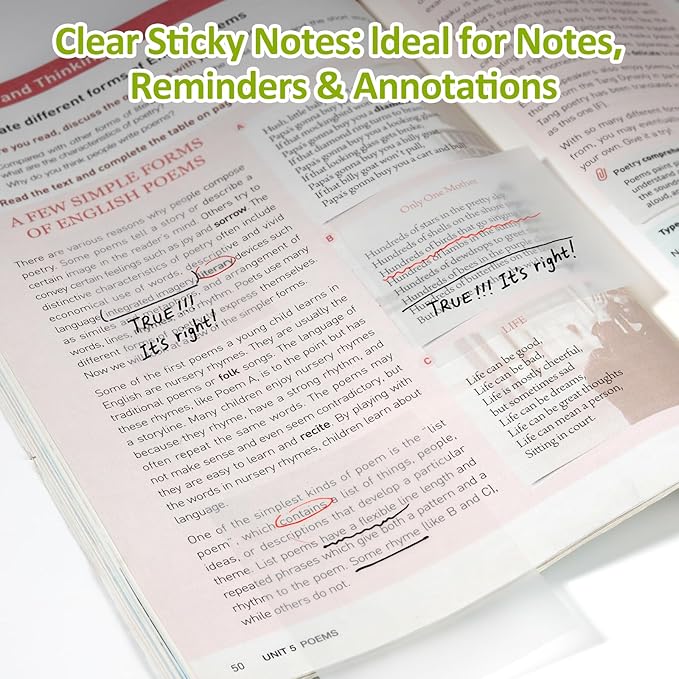 450PCS Transparent Sticky Notes, 3 Sizes Clear Sticky Notes Waterproof Self-Adhesive, Translucent and See Through for Bible Study, Books Annotation, Office, School & College Supply