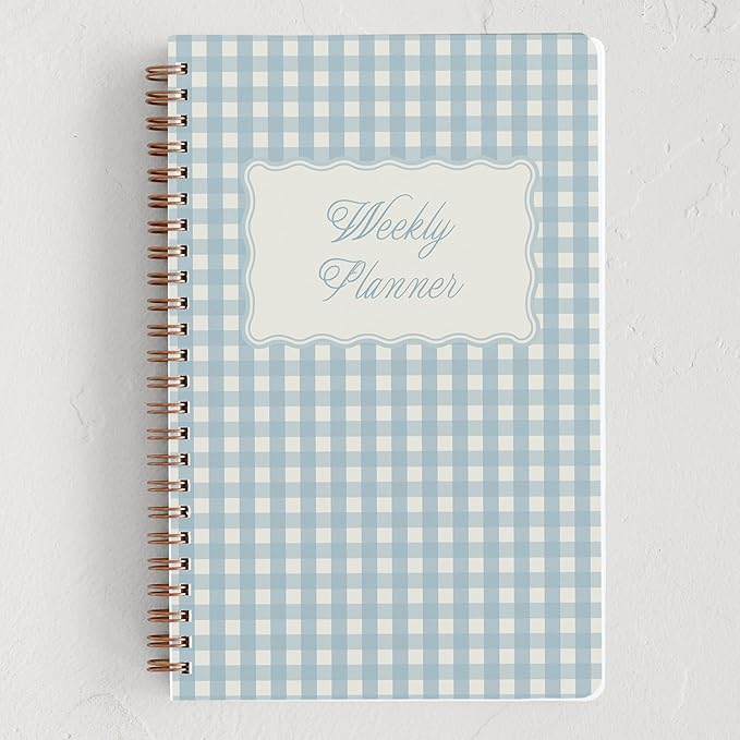 Minted Scalloped Gingham 2026 Weekly & Monthly Undated Planner, 5.5" x 8.5" Spiral Bound Notebook, 132 Pages, Durable Blue Pattern Planner for Office, School & Home Organization