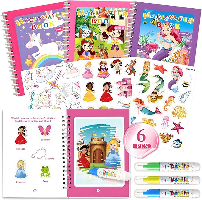 3P Water-Reveal Coloring Book for Toddlers–Mess Free Reusable Water Painting Pad with Pen,Unicorn/cute princess/mermaid Themes,Travel Activities,Party Favors,Holiday & Birthday Gifts for Kids Ages 3+