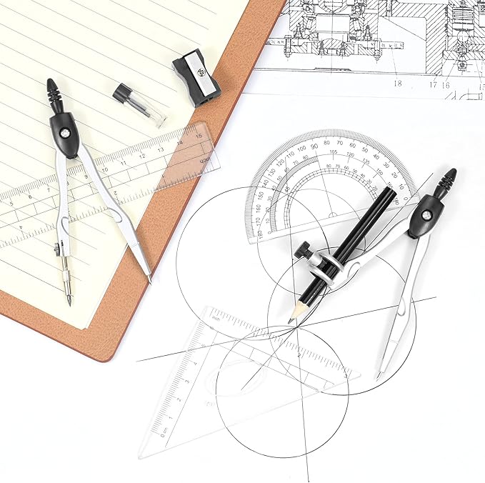 Unjoo Math Geometry Kit Sets 10 Piece Student Supplies with Shatterproof Storage Box,Includes Rulers,Protractor,Compass,Eraser,Pencil Sharpener,Lead Refills,Pencil,for Drafting and Drawings（Black）