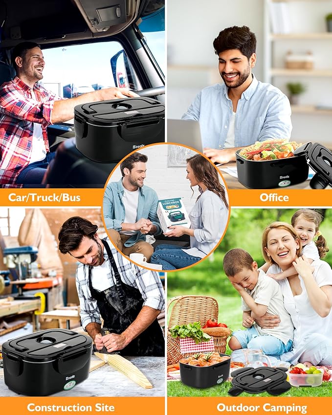 Eocolz Electric Lunch Box Food Heater 80-100W, Food Warmer with Dual Container 1.5L Portable Heated Lunch Box for Car Truck Work Stainless Steel Fork & Spoon 12/24/110V for Adults Lonchera Eléctrica