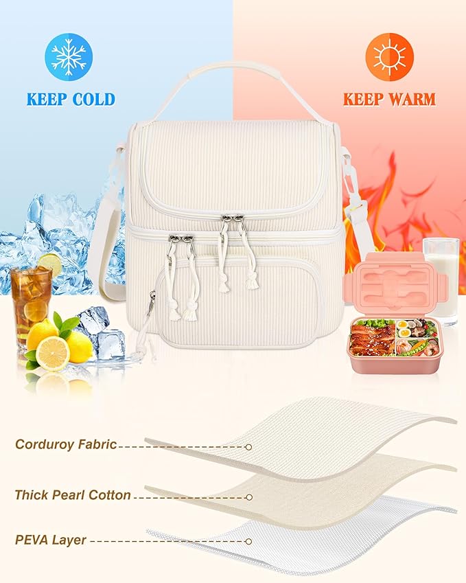 HowFly Lunch Bag for Women Insulated Lunch Boxes Corduroy Resuable Lunch Box for Girls Teens Kigs Boys Portable Thermal Cooler Bags for School Work, Beige
