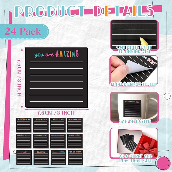 Yinder 24 Pcs Inspirational Sticky Notes Cute Motivational Sticky Notes Pad End of Year Employee Appreciation Gifts Bulk for Teacher Nurse Coworkers Office Supplies 3 x 3'' (Appreciation,Black)