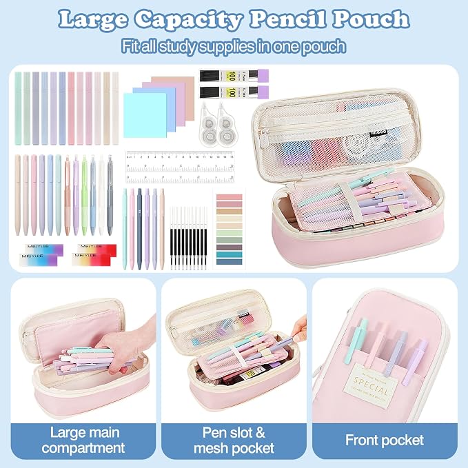 MoKo 56 PCS Aesthetic School Supplies with Pencil Pouch, Cute Stationery Set for Students Office, 12 Gel Pens, 12 Pastel Highlighters, 6 Mechanical Pencils 0.5 & 0.7mm, Sticky Note Index Tab (Pink)