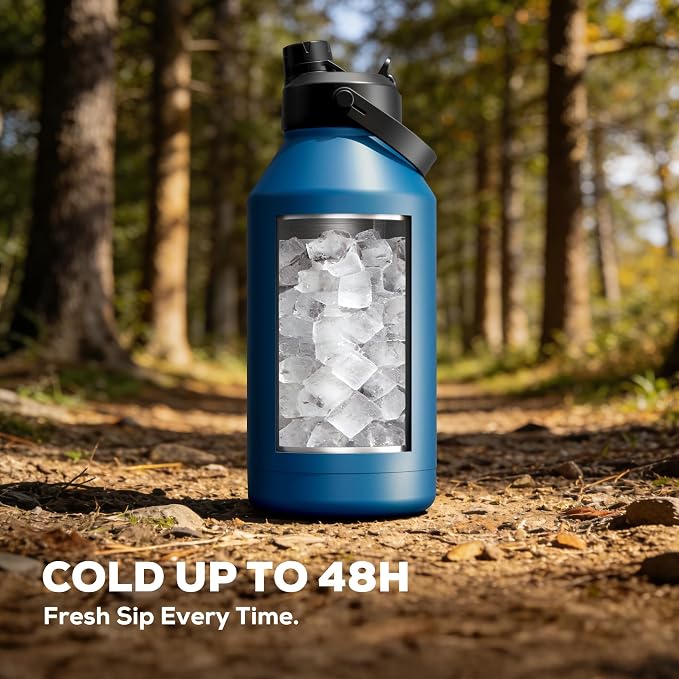 POWCAN 64 oz Insulated Water Bottle with 2-in-1 Straw Spout Lid, Leakproof, Carrier Bag, Shoulder Strap, Keep Cold 48H, Half Gallon Stainless Steel Water Jug for Men, Sports, Camping, Fitness (Indigo)