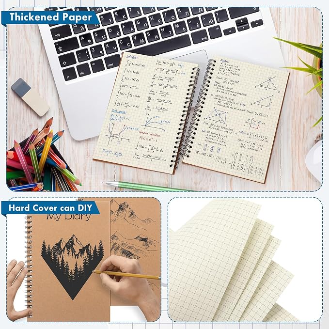 Epakh 6 Pack Spiral Notebooks A5 Bulk Back to School Hardcover Spiral Journal Notebook 5.5 x 8.3 Inch, First Day of School Journal Paper Notebook for Writing, 50 Sheets 100 Page (Grid,Brown)