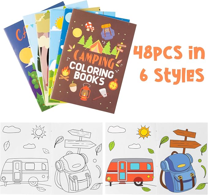 Dvbonike 48Pcs Camping Coloring Books - Including Tent Camping Light Forest Bear Rabbit DIY Art Drawing Patterns Summer Birthday Party Favors Gifts Home School Activity Supplies for Kids Boys Girls