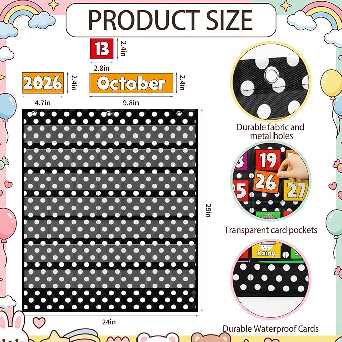 Gueevin 124 Pcs Classroom Calendar Bulletin Board Set Black and White Polka Dots Seasons Weather Calendar Chart Bulletin Board Display with Cards Festival Pocket Chart for Learning Decoration