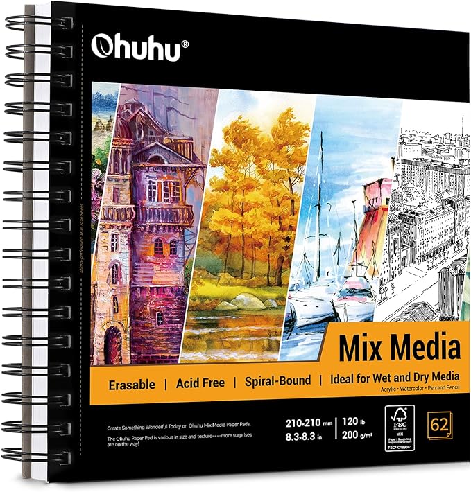 Ohuhu Mix Media Pad, 8.3" x 8.3" Mixed Media Art Sketchbook, 120 lb/200 GSM Heavyweight Papers, 62 Sheets/124 Pages, Spiral Bound Mix Media Paper Pad for Acrylic, Painting, Christmas Gift
