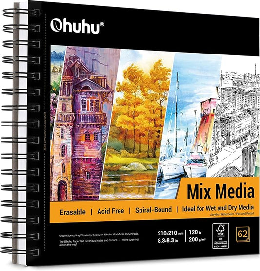 Ohuhu Mix Media Pad, 8.3" x 8.3" Mixed Media Art Sketchbook, 120 lb/200 GSM Heavyweight Papers, 62 Sheets/124 Pages, Spiral Bound Mix Media Paper Pad for Acrylic, Painting, Christmas Gift