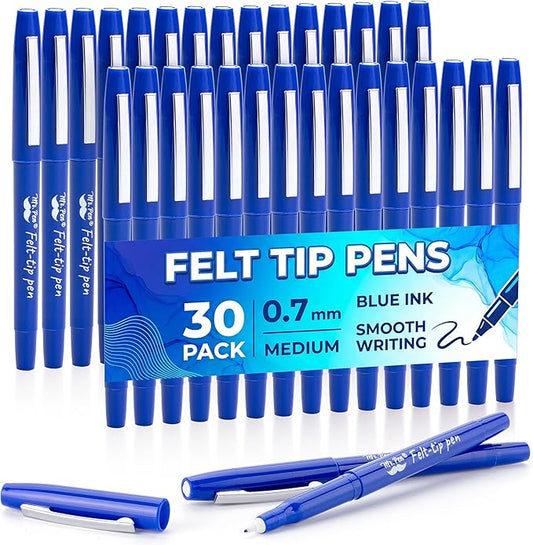 Mr. Pen- Felt Tip Pens, 30 Pack, 0.7 mm, Blue Felt Tip Pens Bulk, Fast Dry, No Smear, Planner Markers for Underlining, Writing, Drawing, Journaling Supplies