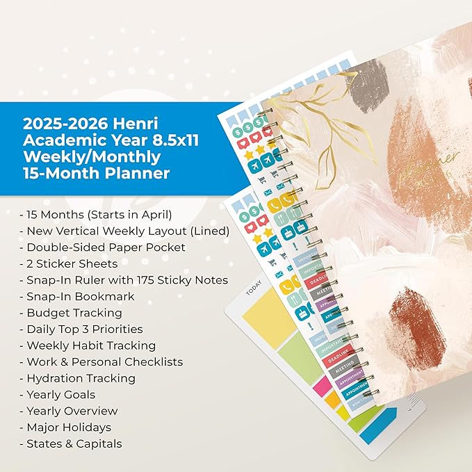 Blue Sky 15 Month Weekly and Monthly Academic Year Planner Calendar, April - June, Hard Cover, Wirebound, Laminated Tabs, Storage Pocket, Includes Snap-in Ruler w/Sticky Notes & Sticker Sheet, Henri (Henri- 2025/2026, 8.5" x 11")