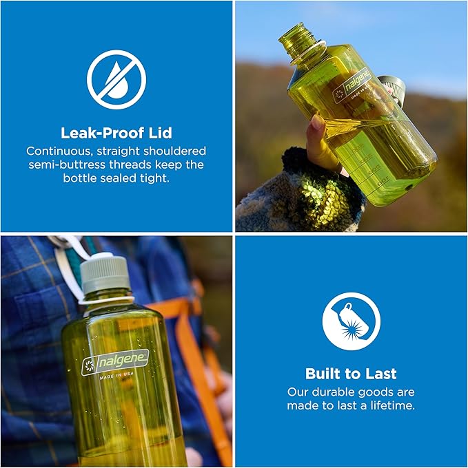 Nalgene 32 oz Narrow Mouth Water Bottle | BPA-Free, Durable & Leak Proof, Lightweight for Hiking & Gym – Thrill & Motion, Oil Green w/Freesia