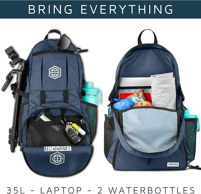 TRIPPED Travel Gear Traveling Backpack- Foldable collapsible lightweight backpack for travel (Blue) 35 liters