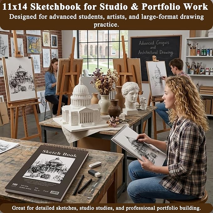 Fuxi Sketchbook 8.5x11, 100 Sheets Hard Cover Sketch Book 8.5" x 11", 68 lb/100gsm Drawing Pad Paper, Spiral Sketch Pad 8.5" x 11", Blank Sketchbook for Art Class, Artist Supplies for Adults