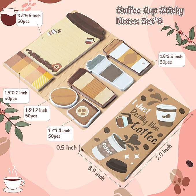 B1ykin Coffee Cup Sticky Notes Set - I Just Really Like Coffee Self-Stick Notes Pad, 550 Sheets Writing Memo Pages Sticky Notepad for Teacher Appreciation Gifts, School Office Party Favors (6Pcs)
