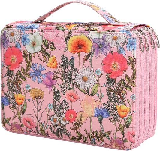 Vomgomfom 200 Slots Pencil Bag, 4-Layer Zipper Portable Art Supply Organizer, PU Leather Large Capacity Colored Pencil Case with Handle for 200 Watercolor Pens, Gel Pens (Pink Flower)