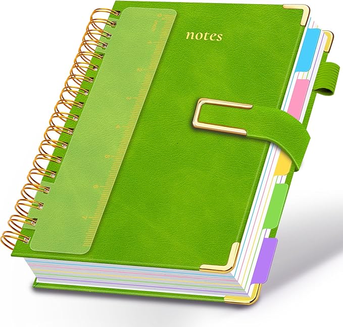 Hardcover Spiral Notebook College Ruled, 6.2"x 8.2" Leather Journal Notebook with Magnetic Closure, 300 Pages 5 Subject Notebook with Dividers Tabs Journal for Women Men, Work, School(Grass Green)