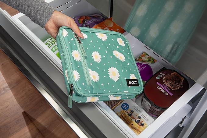 PackIt(R) Freezable Classic Lunch Box, Daisy Sage, Built with EcoFreeze(R) Technology, Collapsible, Reusable, Zip Closure With Zip Front Pocket and Buckle Handle, Designed for Fresh Lunch On the Go