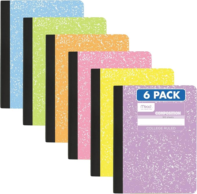 Mead Composition Notebook, College Ruled 7.5" x 9.75" Paper, 100 Sheets, Assorted Pastel Colors, 6 Pack (850218)